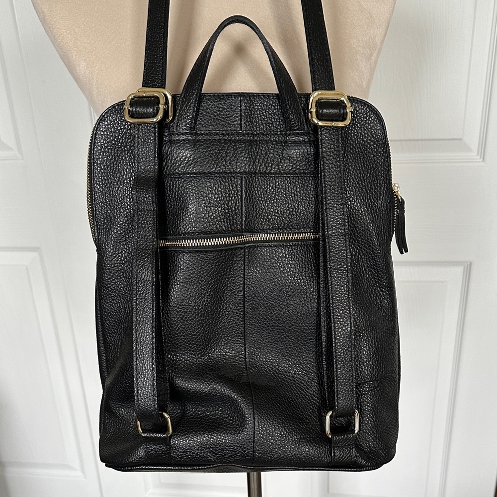 Backpack black Italian leather pebble texture gold tone zippers and hardware